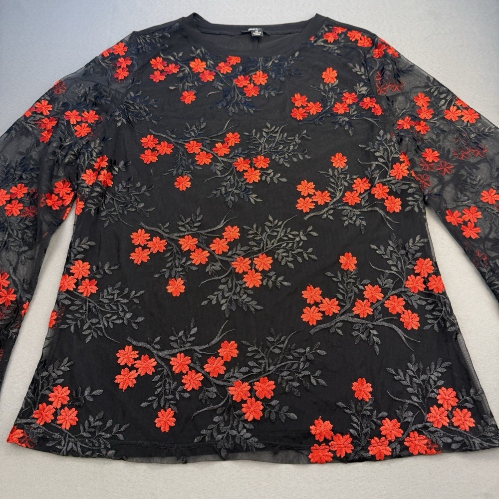Lace Embroidered Black Red Floral Long Sleeve Sheer Top Blouse Size M Metrostyle